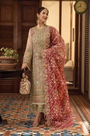 CRIMSON Luxury Organza Suit – Unstitched Heavy Adda Work Embroidered Dress with Silk Printed Dupatta & Shamos Silk Trouser | Wedding & Festive Wear