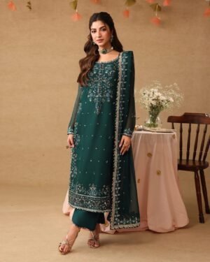 ASIM JOFA Luxury Chiffon Suit – Unstitched Heavy Embroidered Chiffon Dress with Sequin Work, Cutwork Dupatta & Malai Trouser | Wedding & Festive Wear