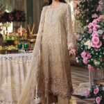 MARIA B Chiffon Collection – Unstitched Heavy Embroidered Tie & Dye Chiffon Suit with Hand Embellishment & Satin Silk Trouser | Wedding & Festive Wear