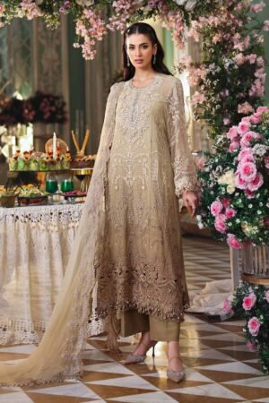 MARIA B Chiffon Collection – Unstitched Heavy Embroidered Tie & Dye Chiffon Suit with Hand Embellishment & Satin Silk Trouser | Wedding & Festive Wear