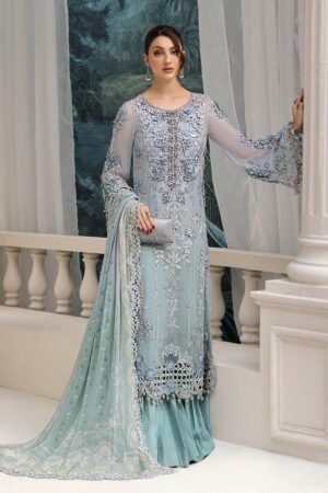 MARIA B Chiffon Collection 2026 – Unstitched Heavy Embroidered Tie & Dye Chiffon Suit with 3D Flowers, Hand Embellishment & Satin Silk Trouser | Luxury Wedding Wear