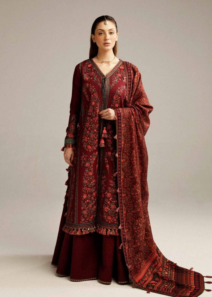 HUSSAIN REHAR Dhanak Suit – Elegant Embroidered Luxury 3PC Wool Shawl Set